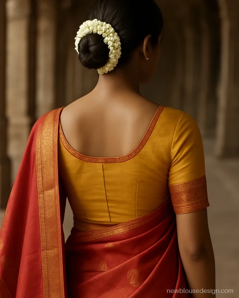 Yellow Kanjivaram princess cut blouse with temple border on sleeves and back neck