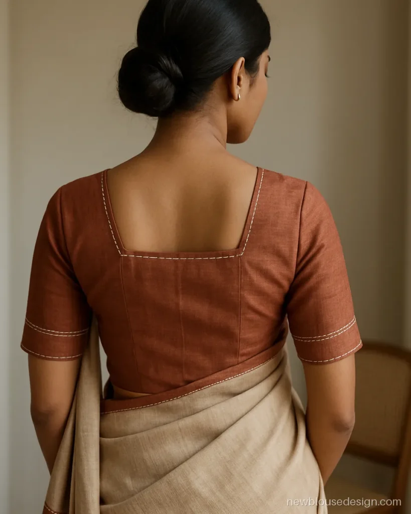 Rust tussar silk princess cut blouse with square back neck and kantha stitch border