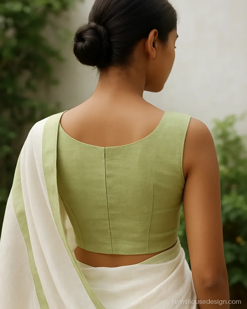 Pistachio linen sleeveless princess cut blouse with cut-in shoulders and back zip