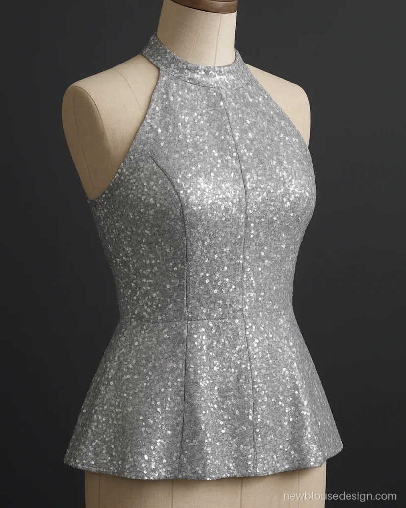 Silver sequin sleeveless princess blouse design with halter neck for party saree