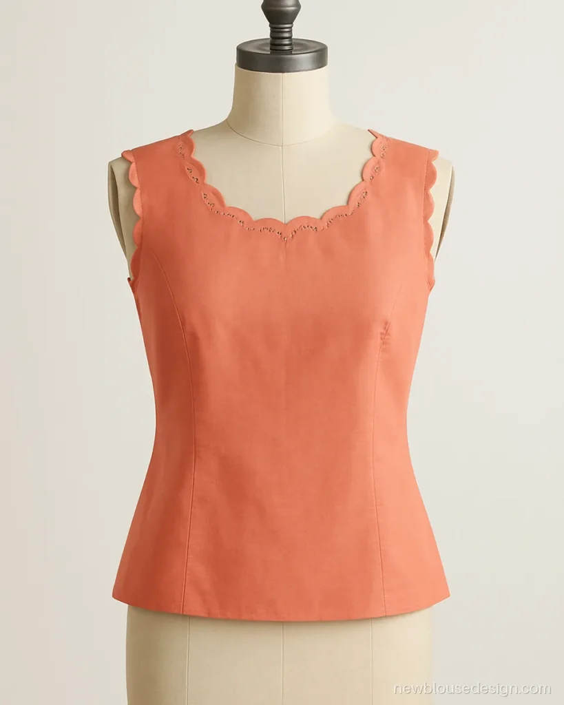 Coral sleeveless princess blouse with scalloped neckline and cutwork edge