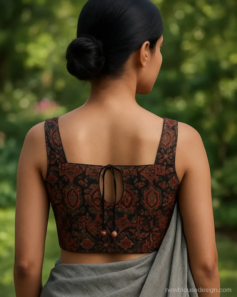 Black ajrakh sleeveless blouse with tie-up dori and square back