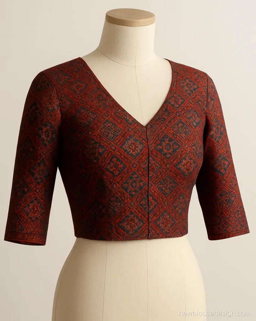 Madder red ajrakh modal blouse with a V neck and three-quarter sleeves