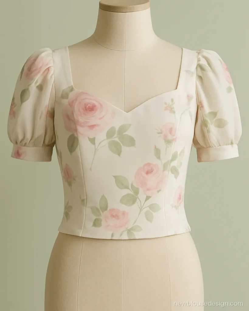 Ivory floral print blouse with pink roses and short puff sleeves