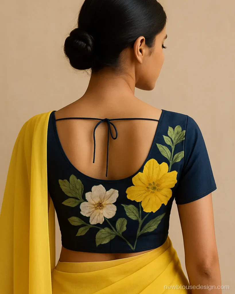 Navy digital print blouse back with large yellow blooms and a deep U