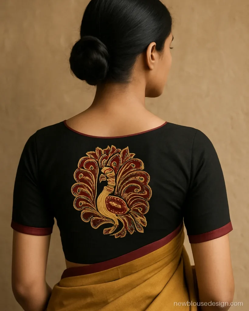 Kalamkari blouse back design in black cotton with a peacock motif centred