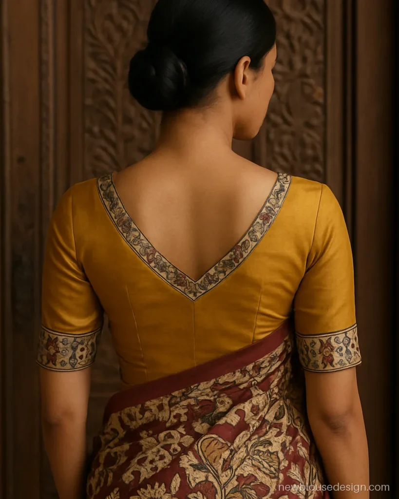 Mustard silk blouse with kalamkari printed border on sleeves and back neck