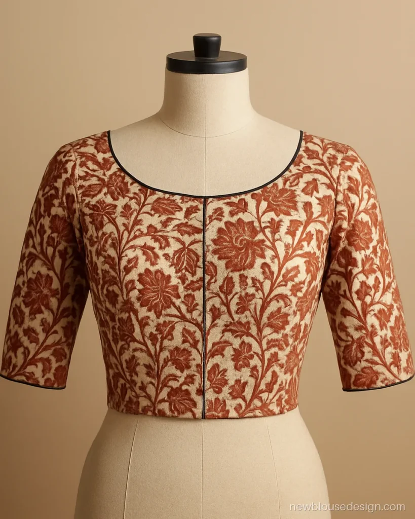 Rust kalamkari blouse with a boat neck and elbow sleeves in floral vine print