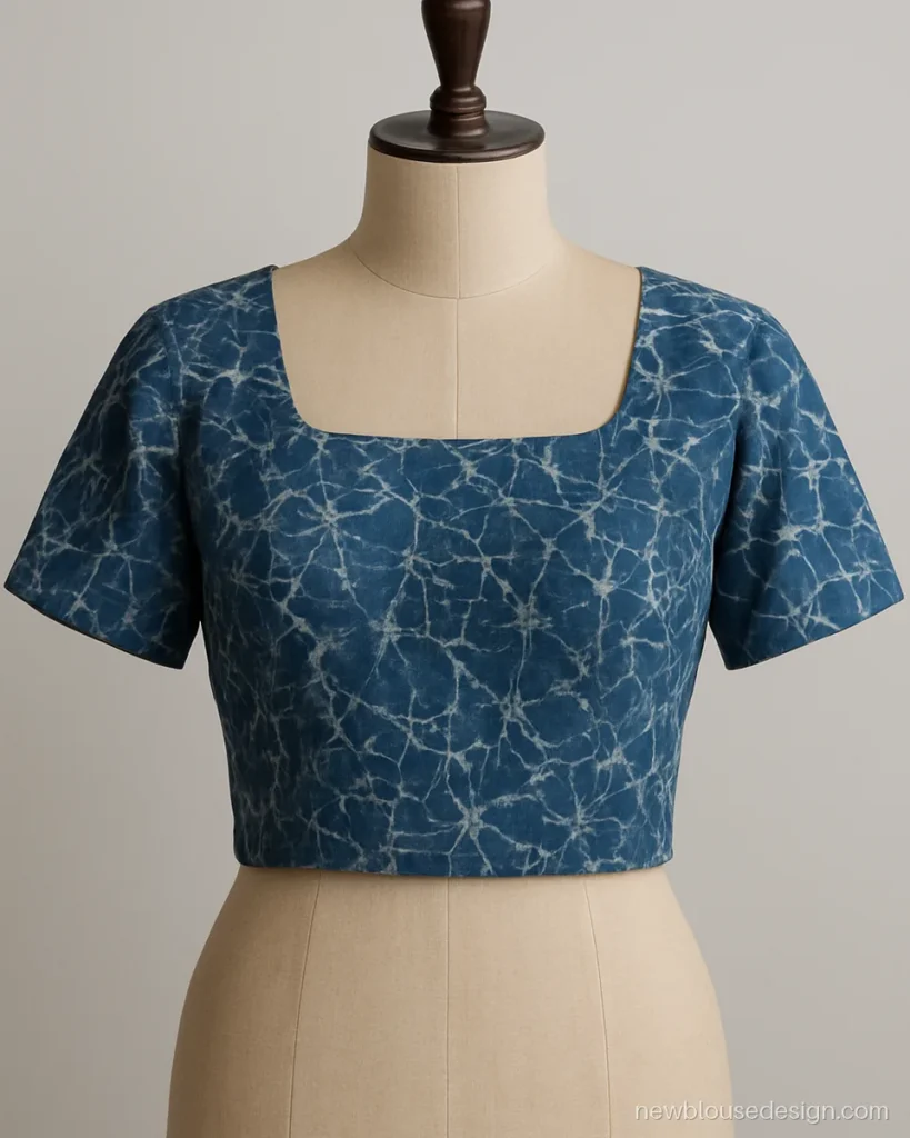 Blue batik print blouse with square neck for a plain white saree