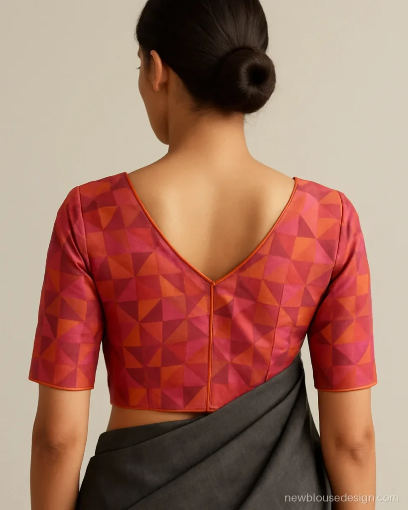 Pink geometric print blouse back with a V neck for a plain grey saree