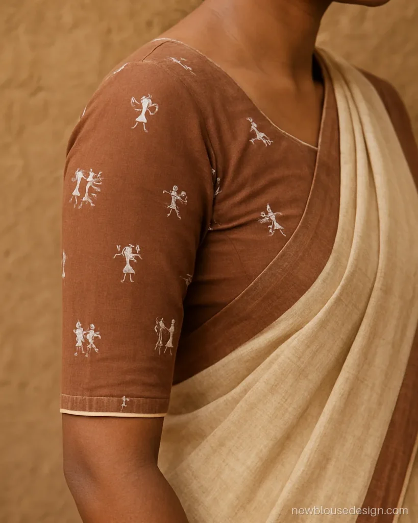 Brown cotton blouse with Warli print on the sleeves only