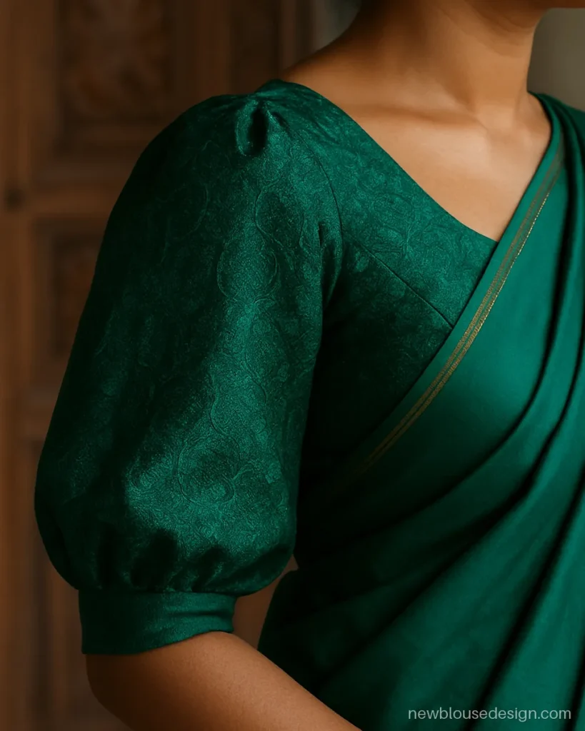 Emerald brocade blouse with elbow length balloon sleeves and narrow cuff