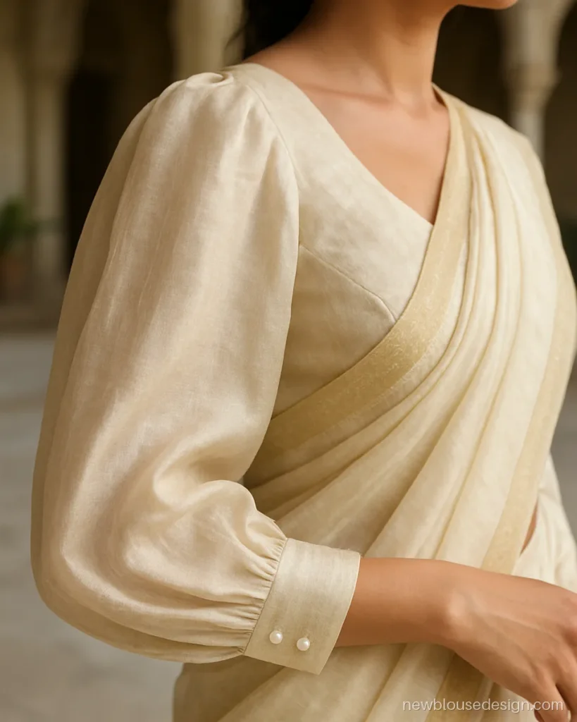 Puff balloon sleeves blouse design in ivory chanderi with full length wrist cuff