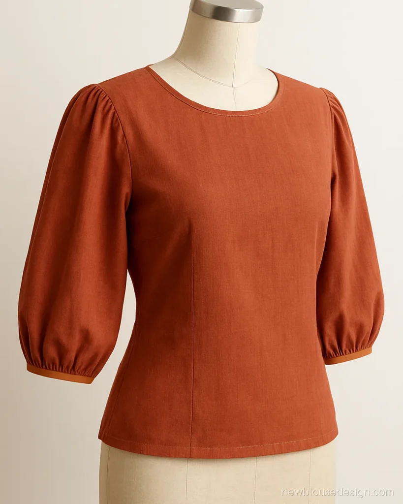 Rust cotton blouse with three quarter balloon sleeves and contrast piping