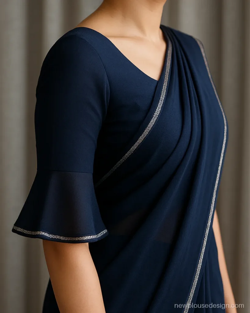Navy georgette blouse with elbow bell sleeves and sequin edge