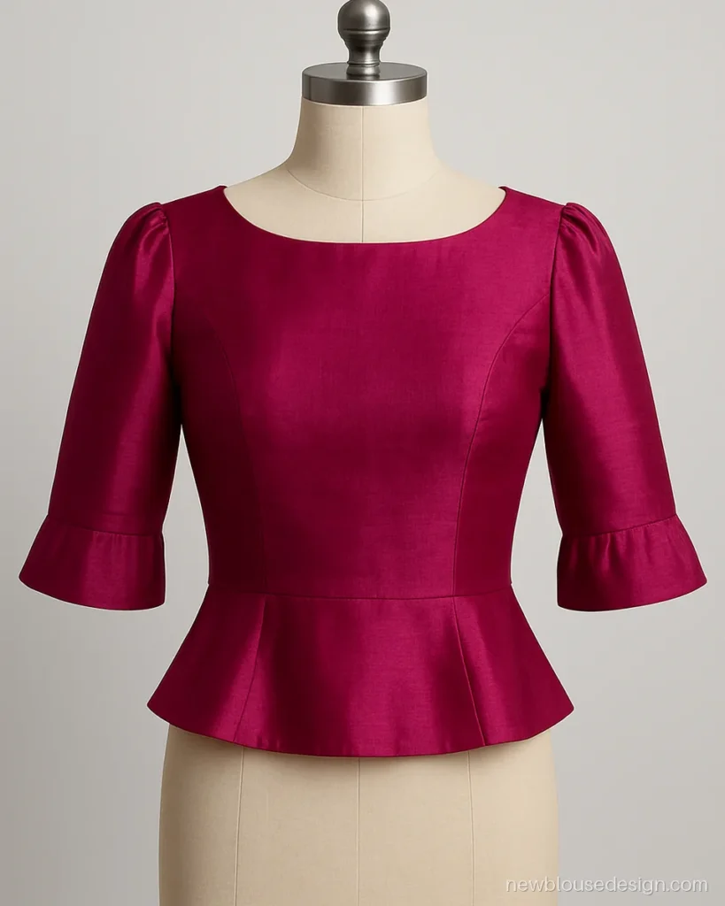 Magenta silk blouse with puff at shoulder and bell flare at elbow