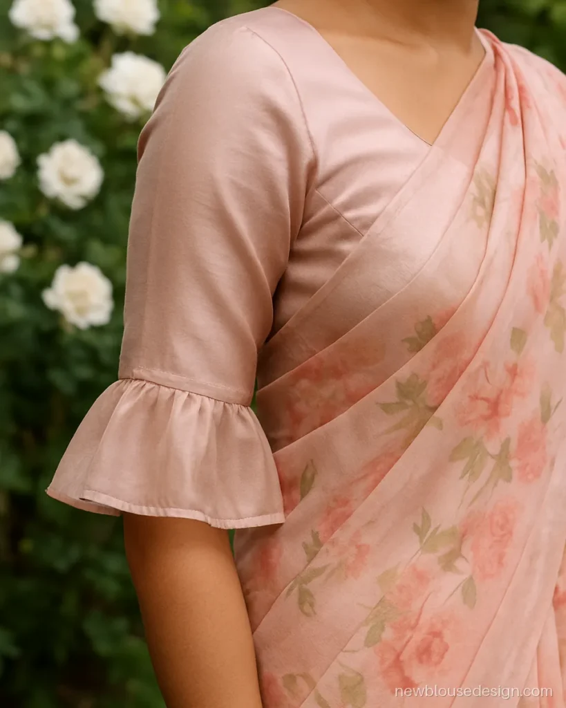 Blush pink blouse with sheer bell sleeves and soft ruffle hem