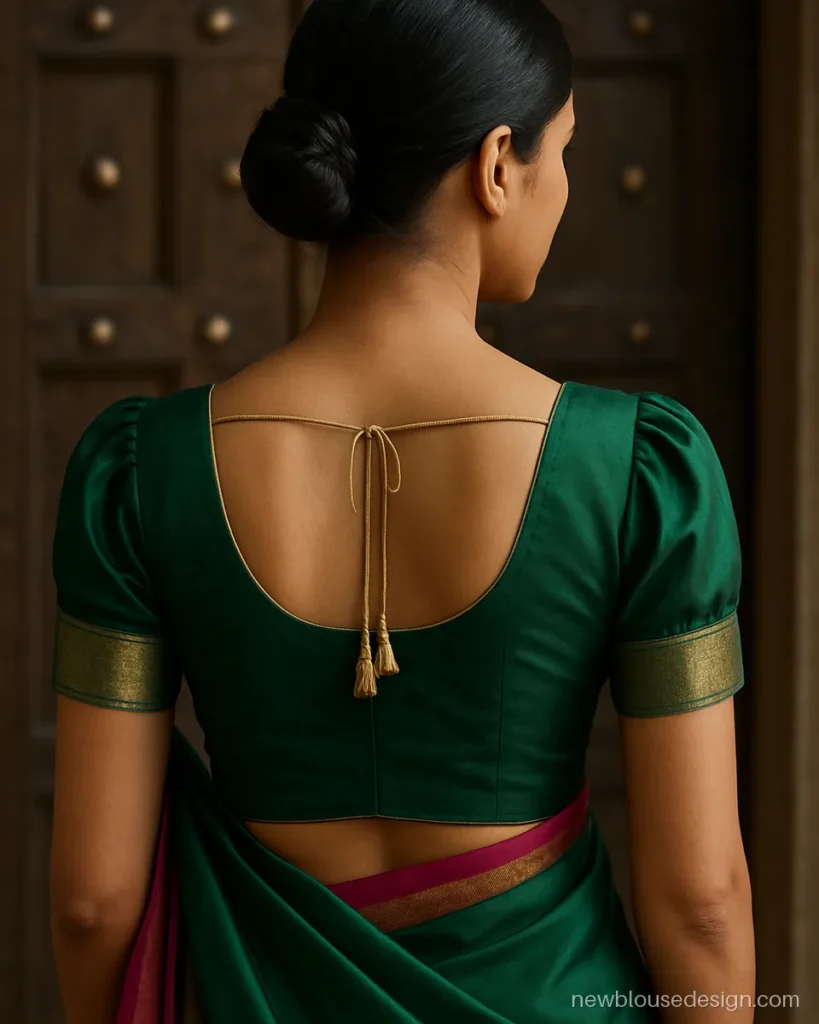 Puff blouse back design in bottle green silk with round neck and dori