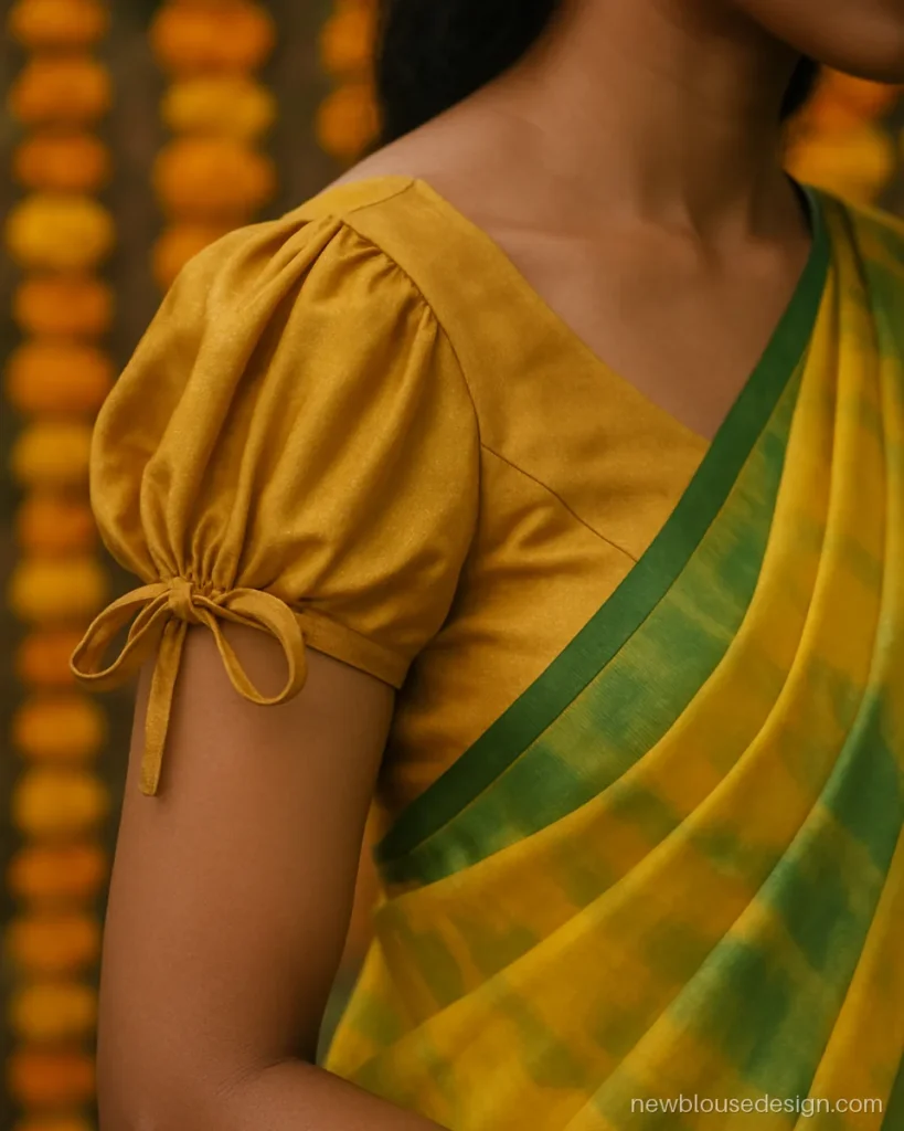 Mustard silk puff sleeve with a tied bow at the top of the shoulder