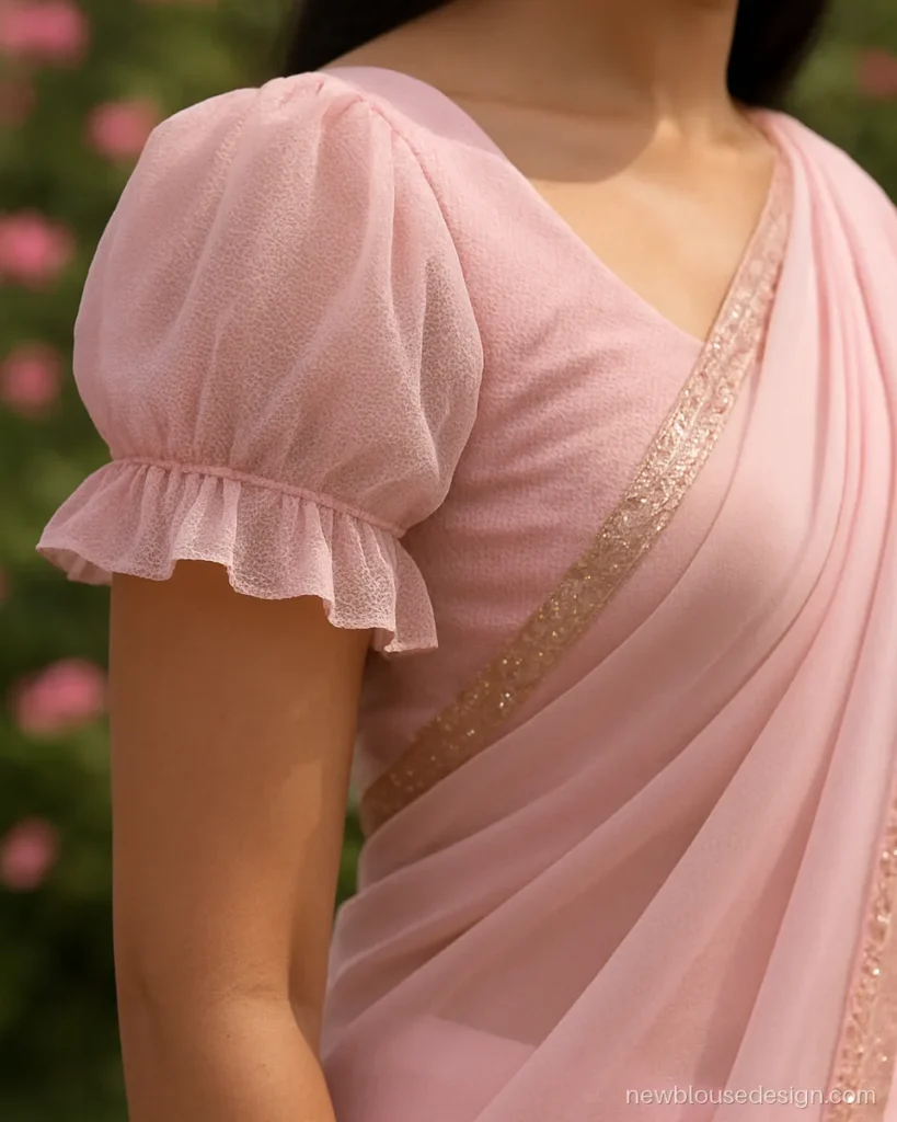 Pink net blouse with double layer puff and ruffle frill at the sleeve edge