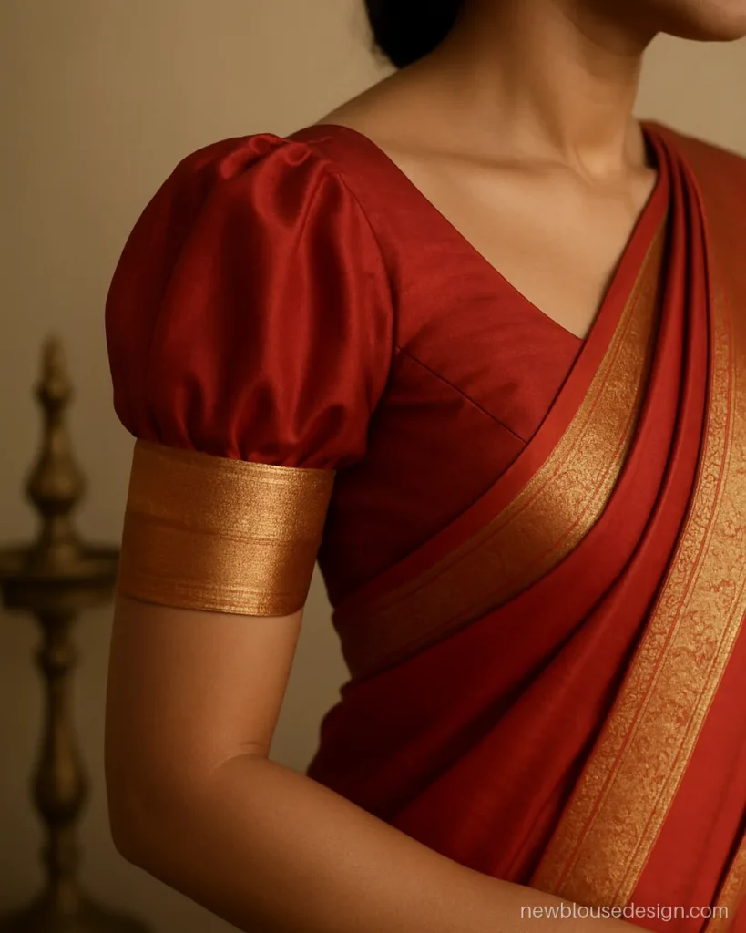 Short puff sleeves in red silk gathered into a narrow gold zari band