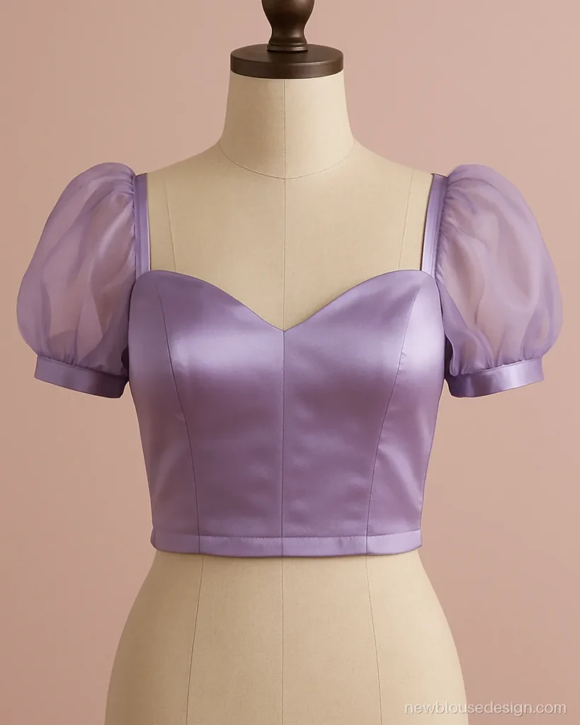 Lavender organza puff sleeves on a satin blouse with a sweetheart front
