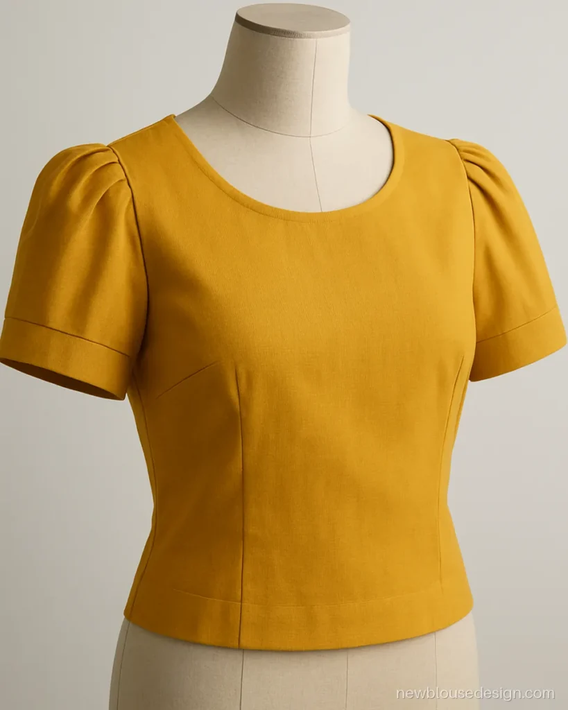 Yellow cotton blouse with box pleated shoulder puff and plain short sleeves