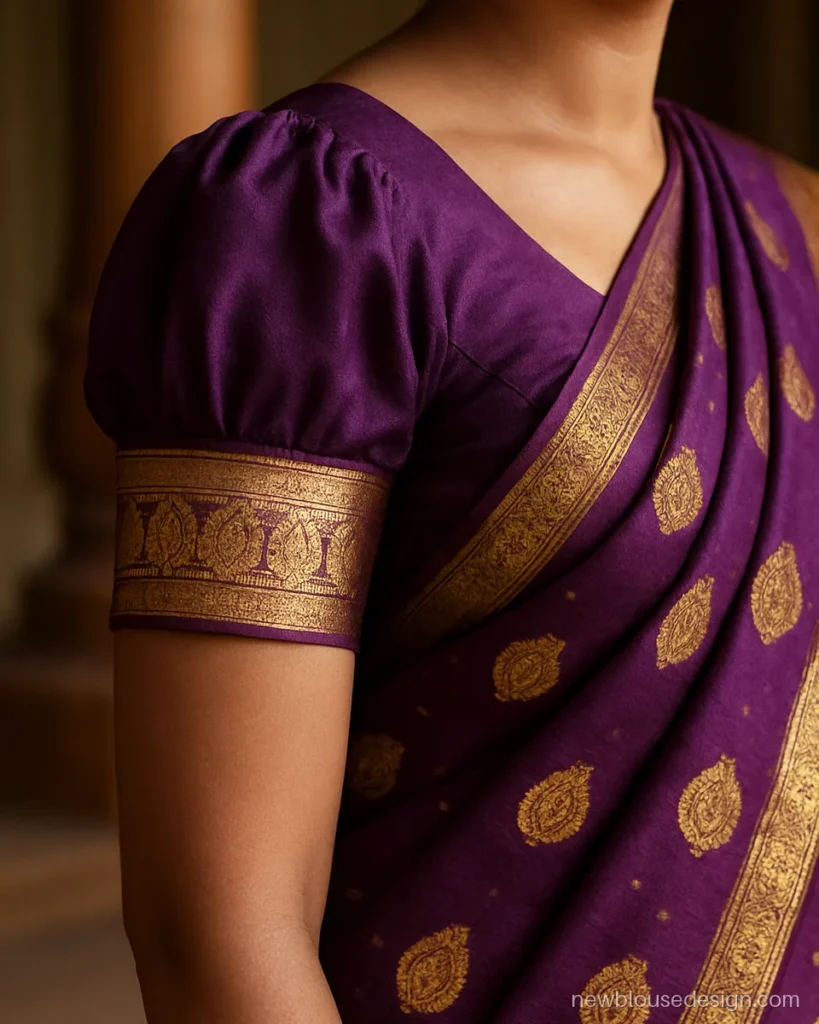Purple pattu silk blouse with puff sleeves finished in a gold temple border band