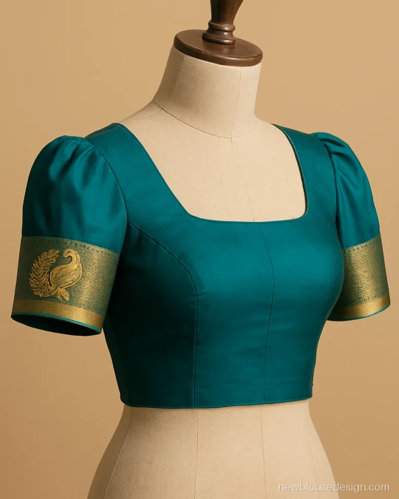 Teal Paithani blouse with shoulder puff and peacock motif on the sleeve band