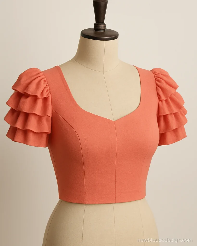 Coral georgette blouse with three tiered puff layers on the short sleeve
