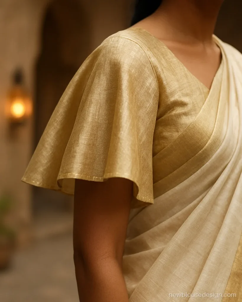 Gold tissue blouse with cape like umbrella sleeve falling from the shoulder