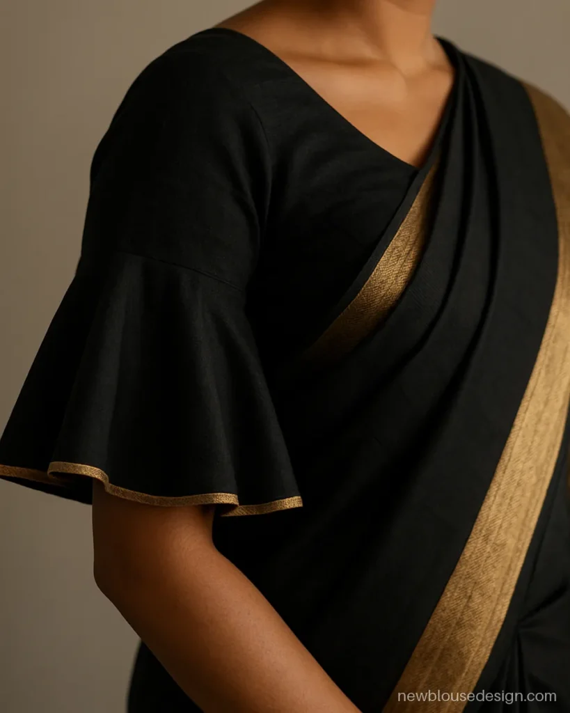 Black silk umbrella sleeves cut in a full circle with gold piping