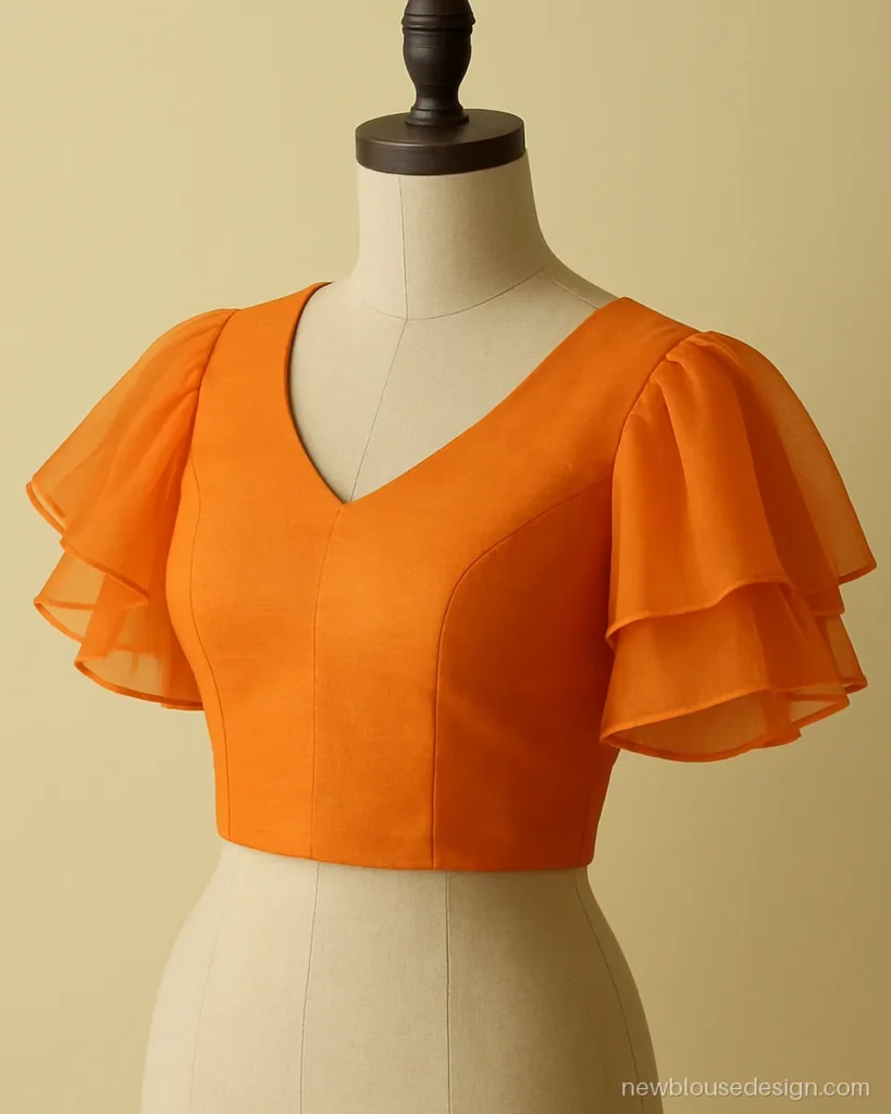 Umbrella blouse design in orange with two layered organza circle sleeves