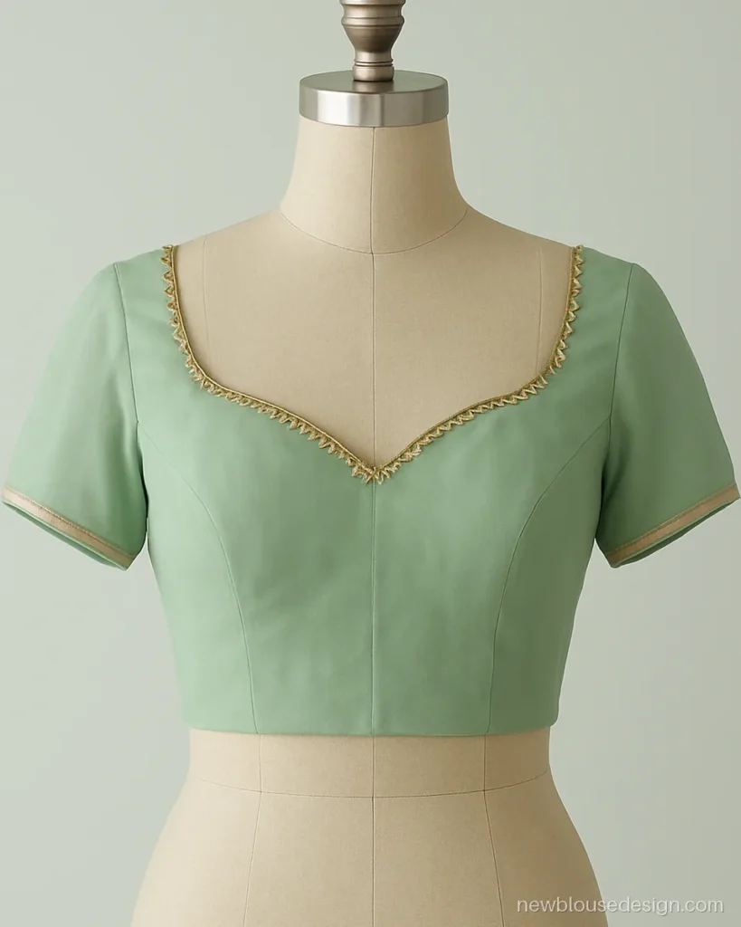 Traditional gota patti blouse design in mint with a sweetheart neck