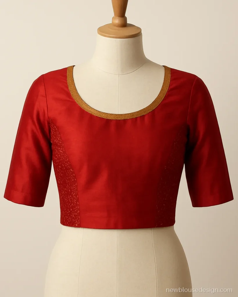 Gujarati blouse design in red with elbow sleeves for a seedha pallu drape