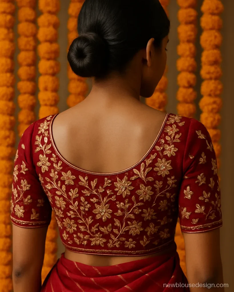 Heavy gota patti blouse design back in red with gota flowers over the whole back