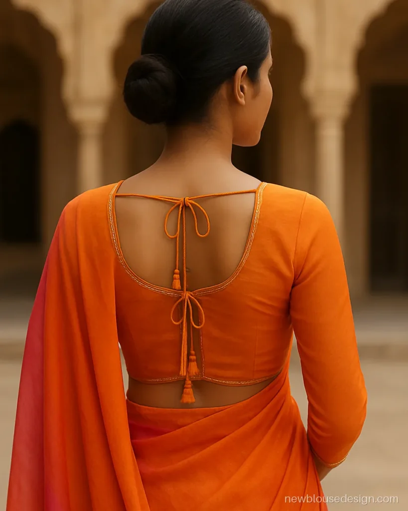 Rajasthani blouse back design in orange with a kanchli style open back and dori
