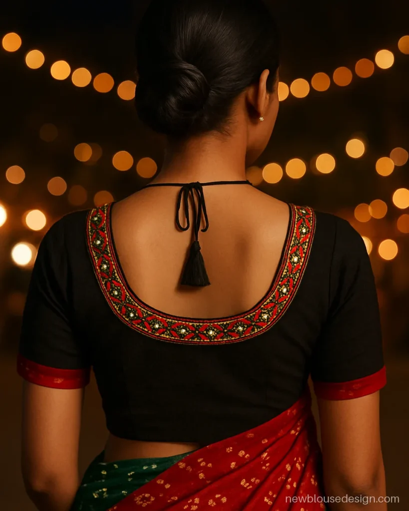 Black Gujarati blouse back with Kutch mirror work and a tassel dori
