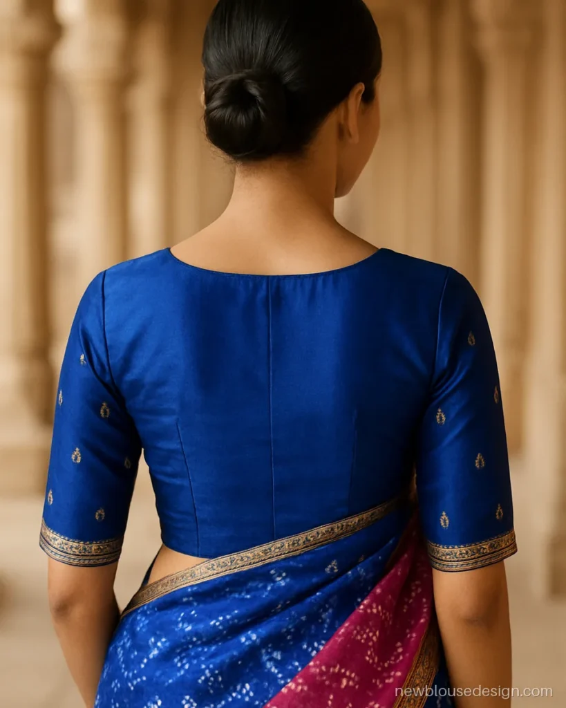 Marwadi blouse design in royal blue with elbow sleeves and a closed round back