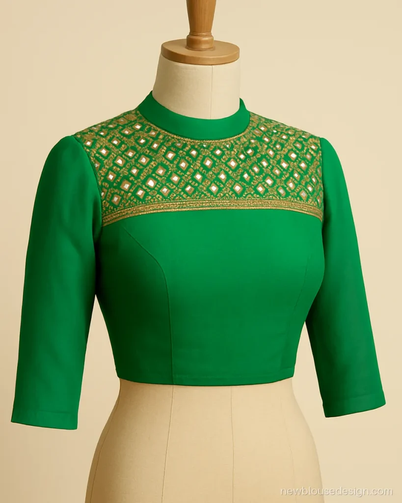 Rajputi saree blouse design in parrot green with a mirror and zari yoke
