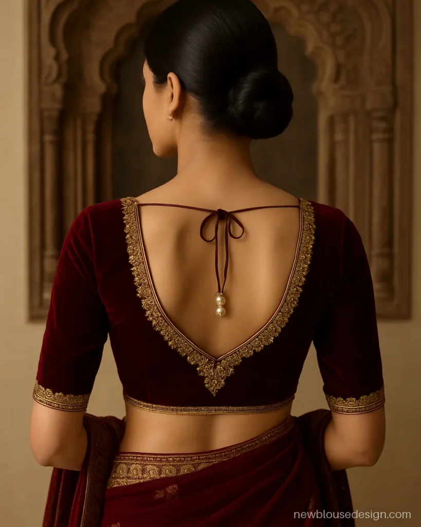 Rajwadi blouse back design in maroon with zardozi and a pearl latkan