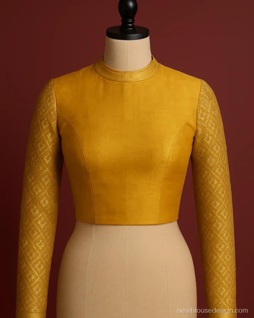 Rajwadi blouse design in mustard with a high neck and full zari sleeves