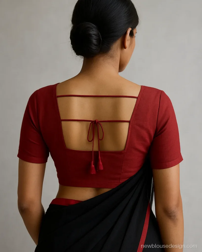 Red colour blouse back neck design with an open window held by two doris