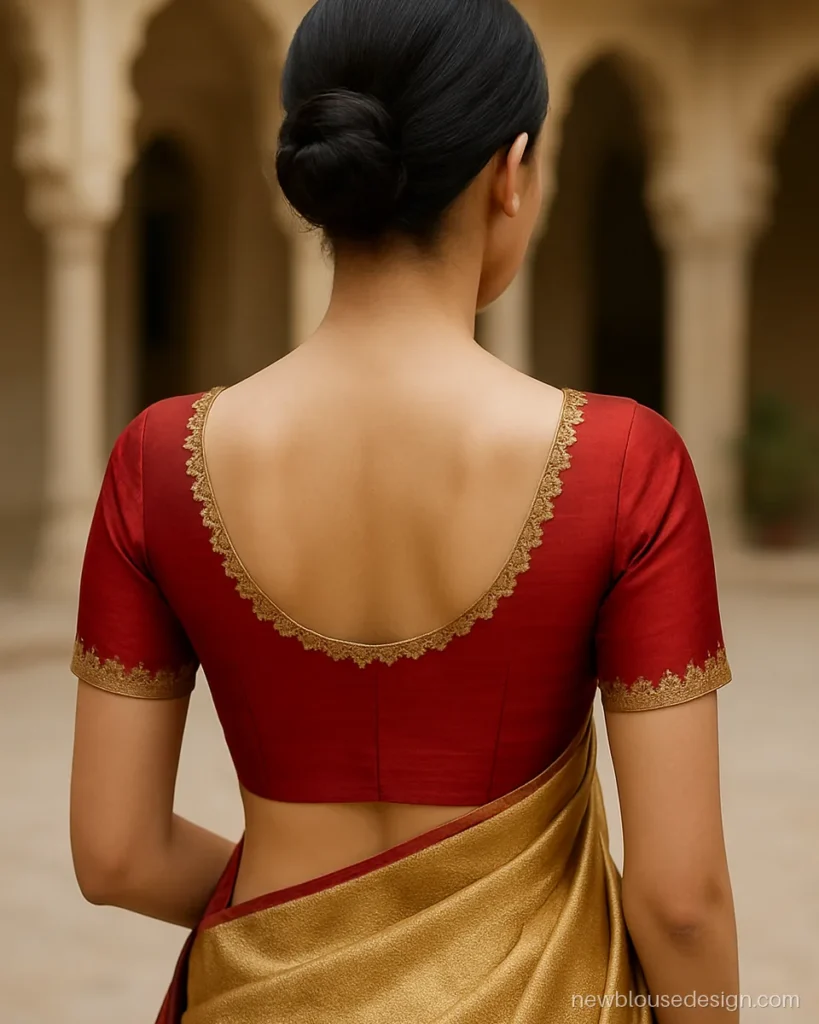 Red and golden blouse back with a U neck finished in scalloped gold lace