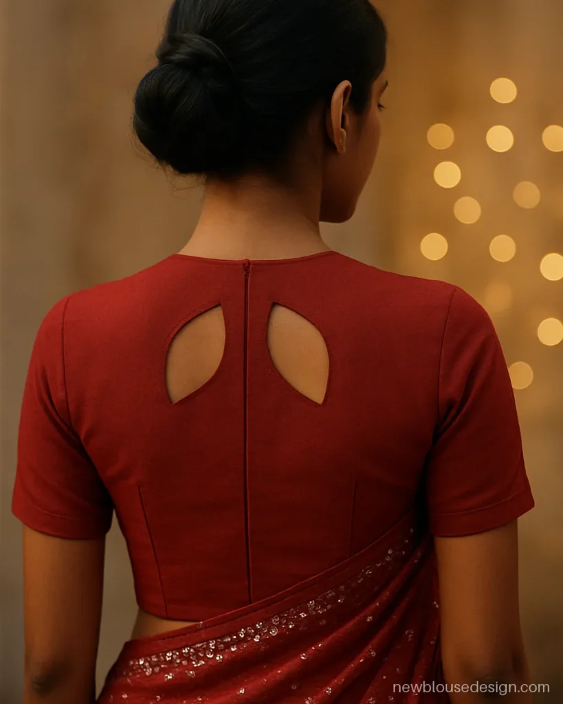 Designer red blouse design back with two leaf shaped cut-outs side by side