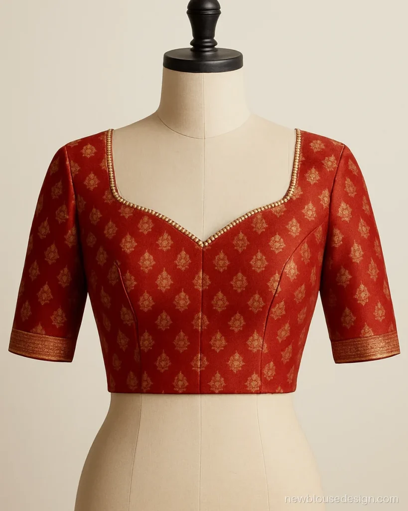 Red Banarasi brocade bridal blouse front with a sweetheart neck and pearl edging