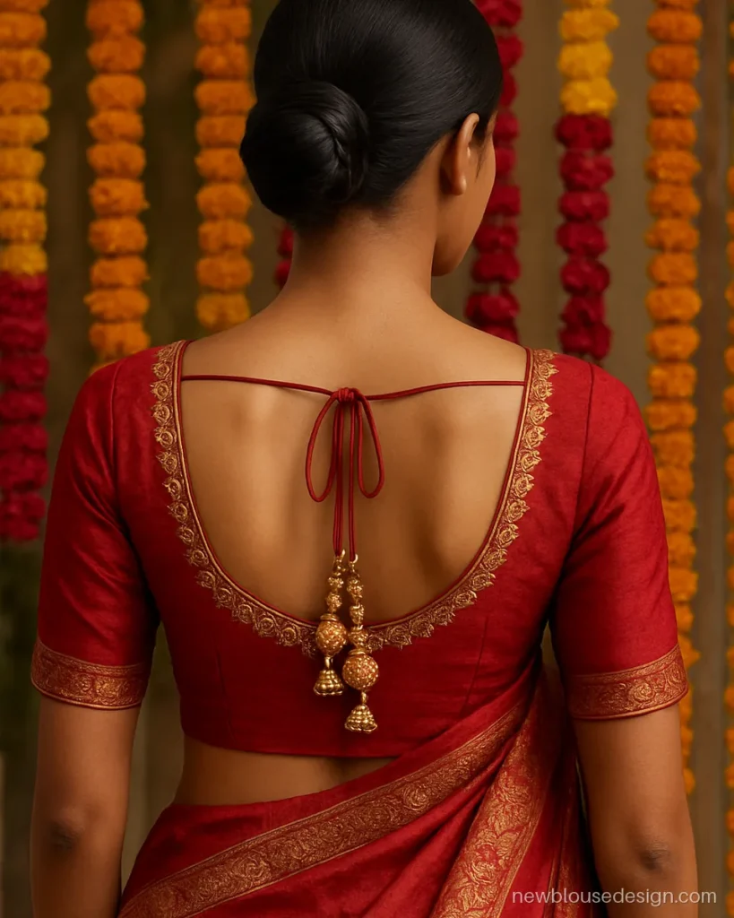 Red raw silk bridal blouse back with a deep U neck and gold zardozi keri motifs