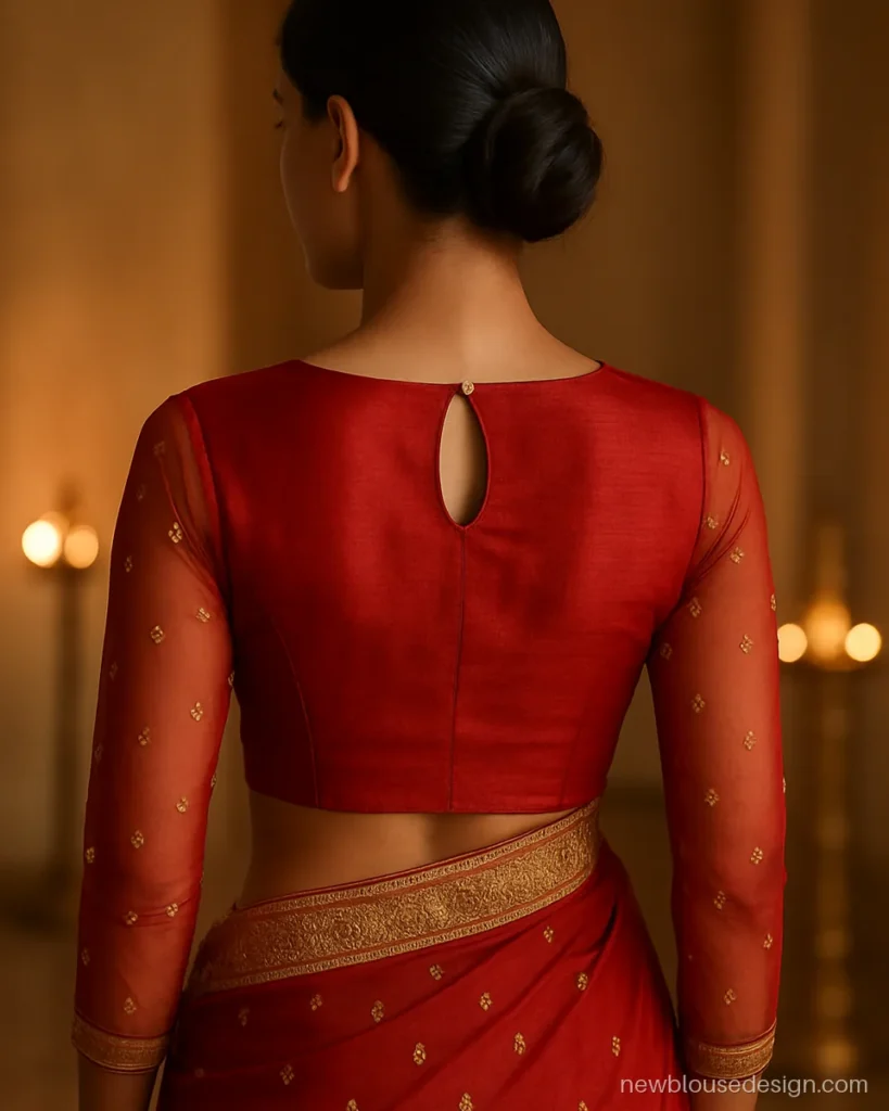 Red silk bridal blouse back with sheer red net full sleeves and a keyhole
