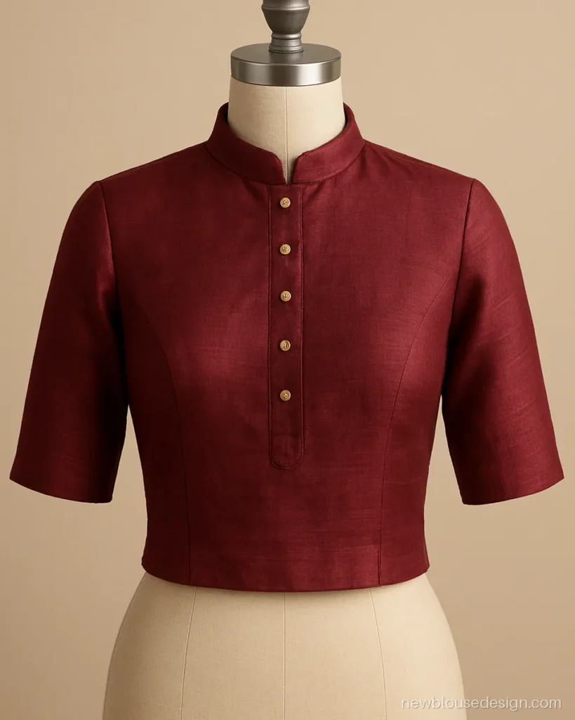 Maroon raw silk blouse front with a mandarin collar and small gold buttons