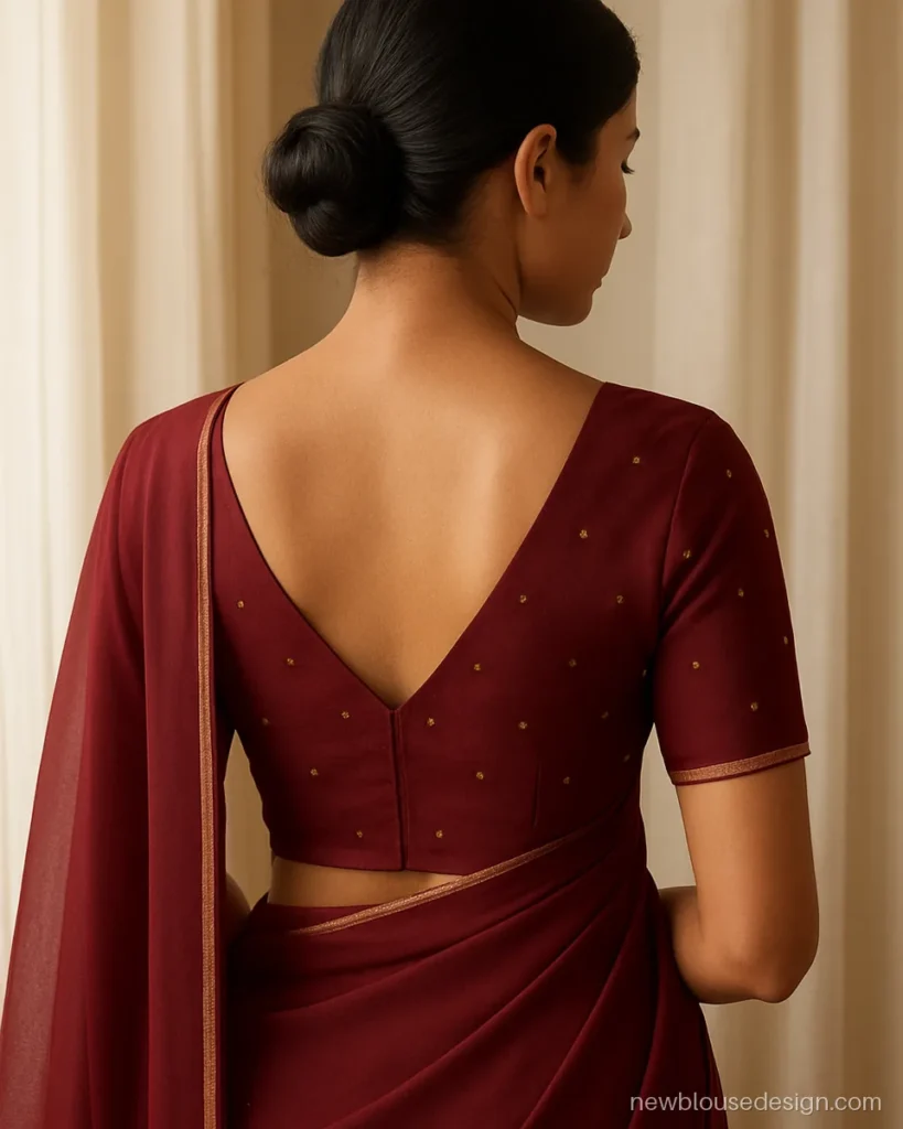 Maroon saree blouse design with a paan back and gold zari buttis